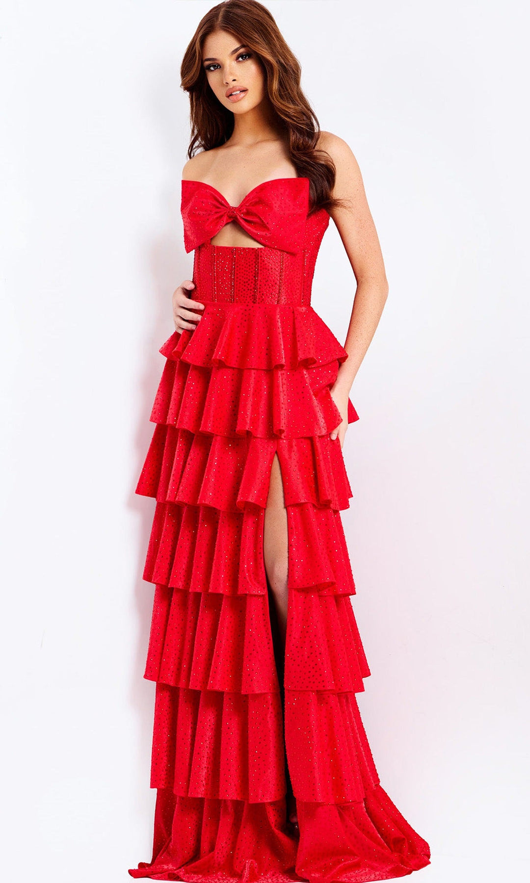 Jovani 49780 Bow Neckline Cutout Tiered Prom Gown