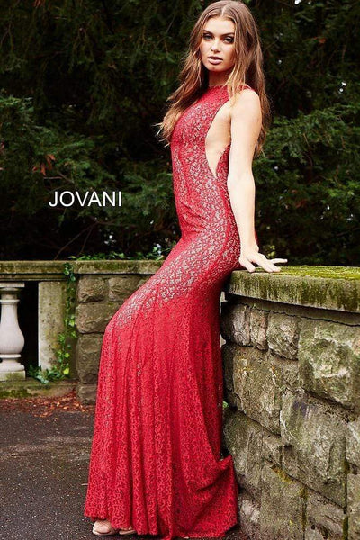 Jovani - 50757 Sleeveless Stretch Lace Trumpet Gown Special Occasion Dress 0 / Ruby