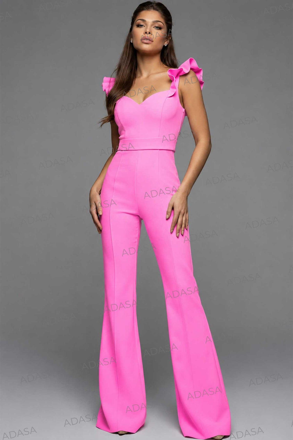 Jovani 51589 - Ruffle Shoulder Wide Leg Jumpsuit