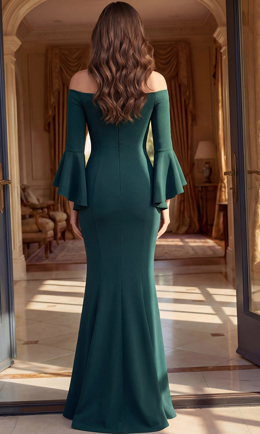 Jovani 51645 - Bell Sleeve Satin Off Shoulder Gown