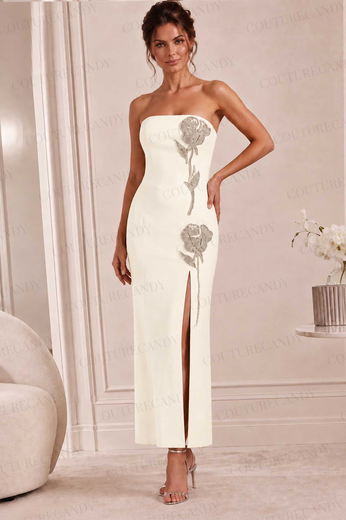 Jovani 51704 - High Slit Straight Neckline Crepe Gown