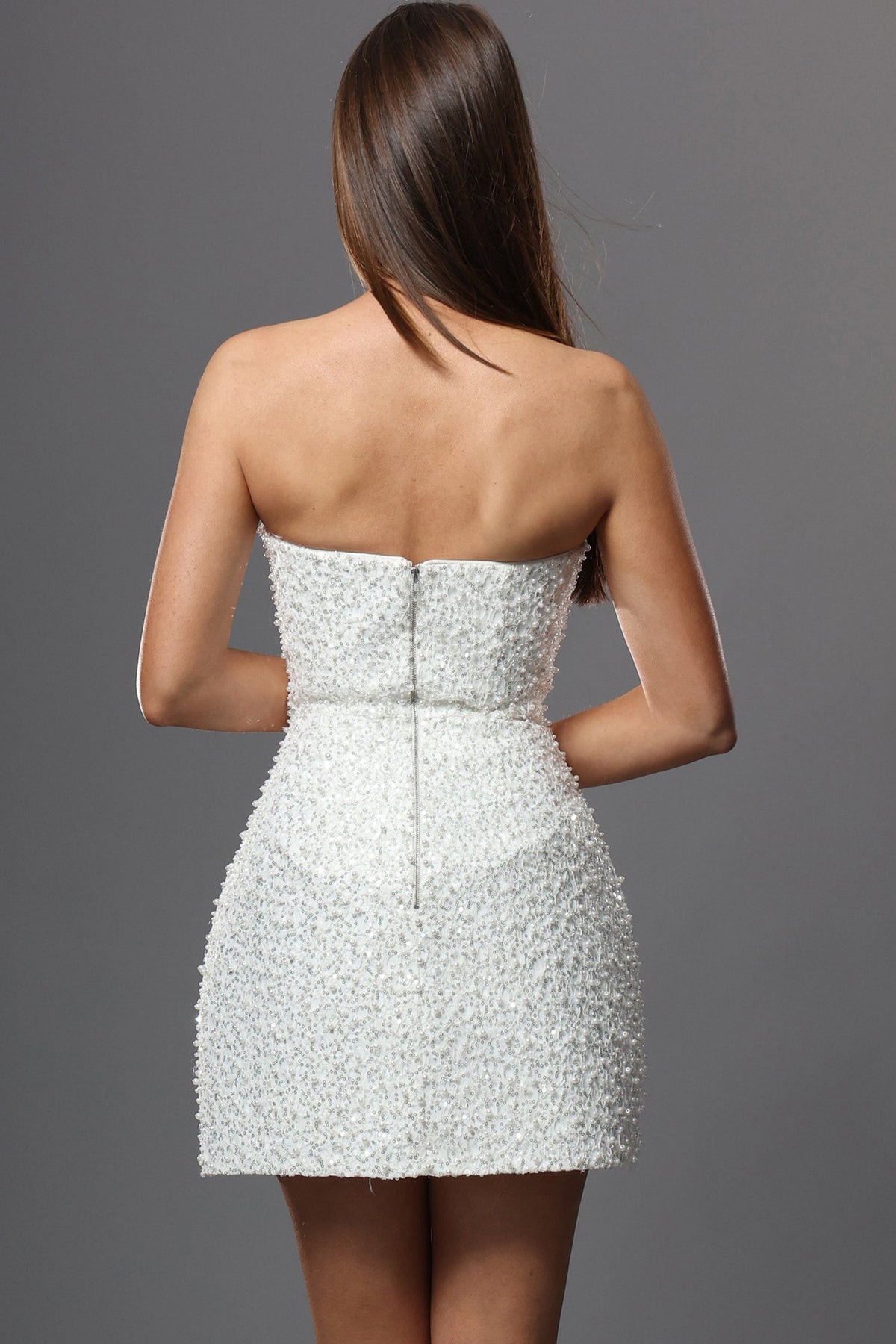 jovani 52095 - pearl beaded sheath strapless cocktail dress