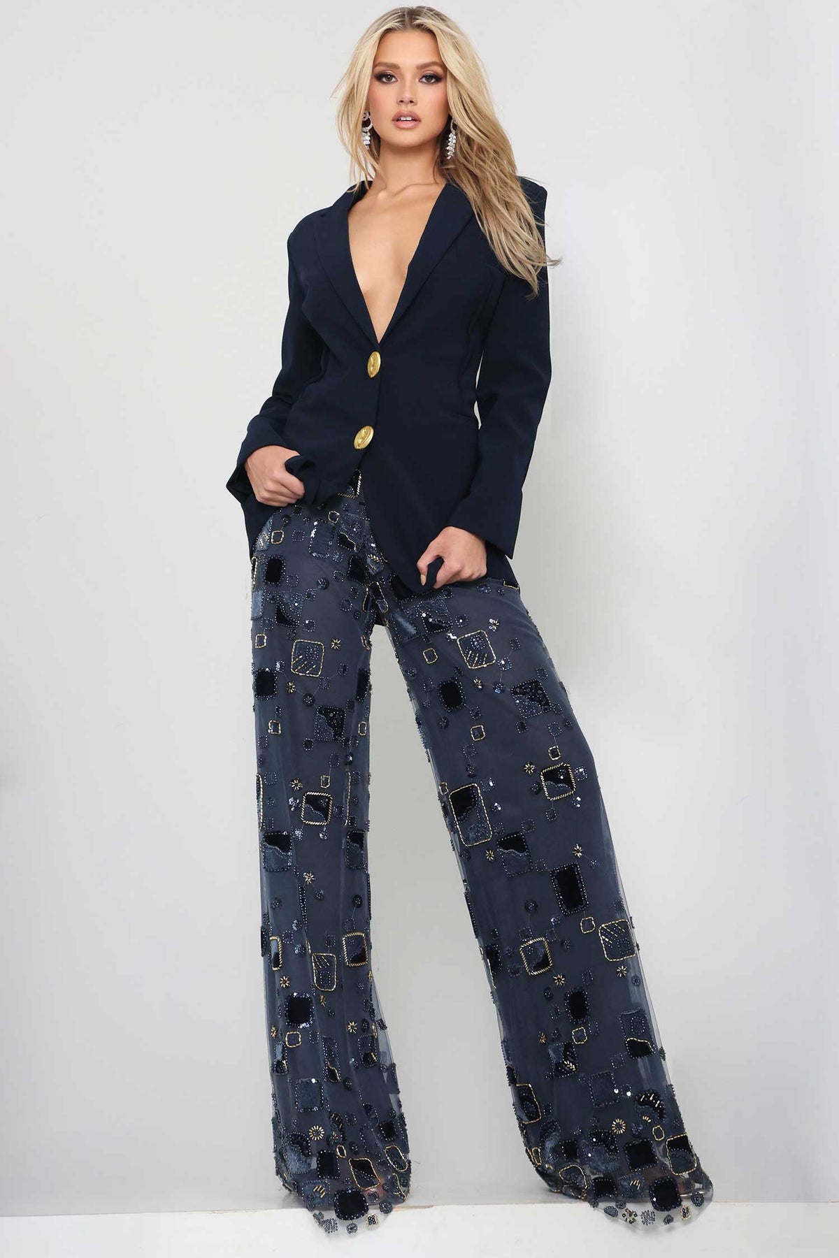 jovani 52096 - gold button blazer embellished pantsuit