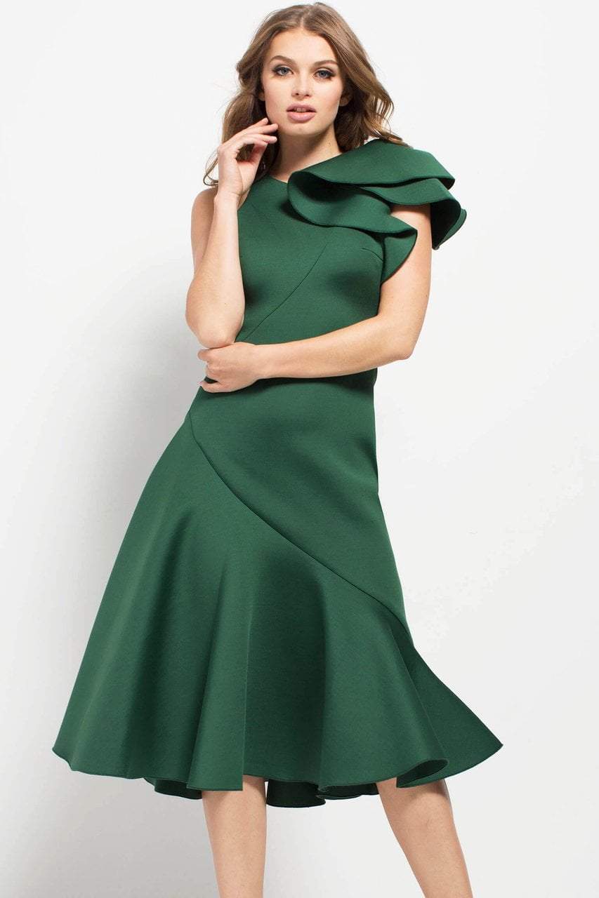 Jovani - 52252 Ruffled Shoulder Short Formal Scuba Dress Special Occasion Dress 00 / Dark Green