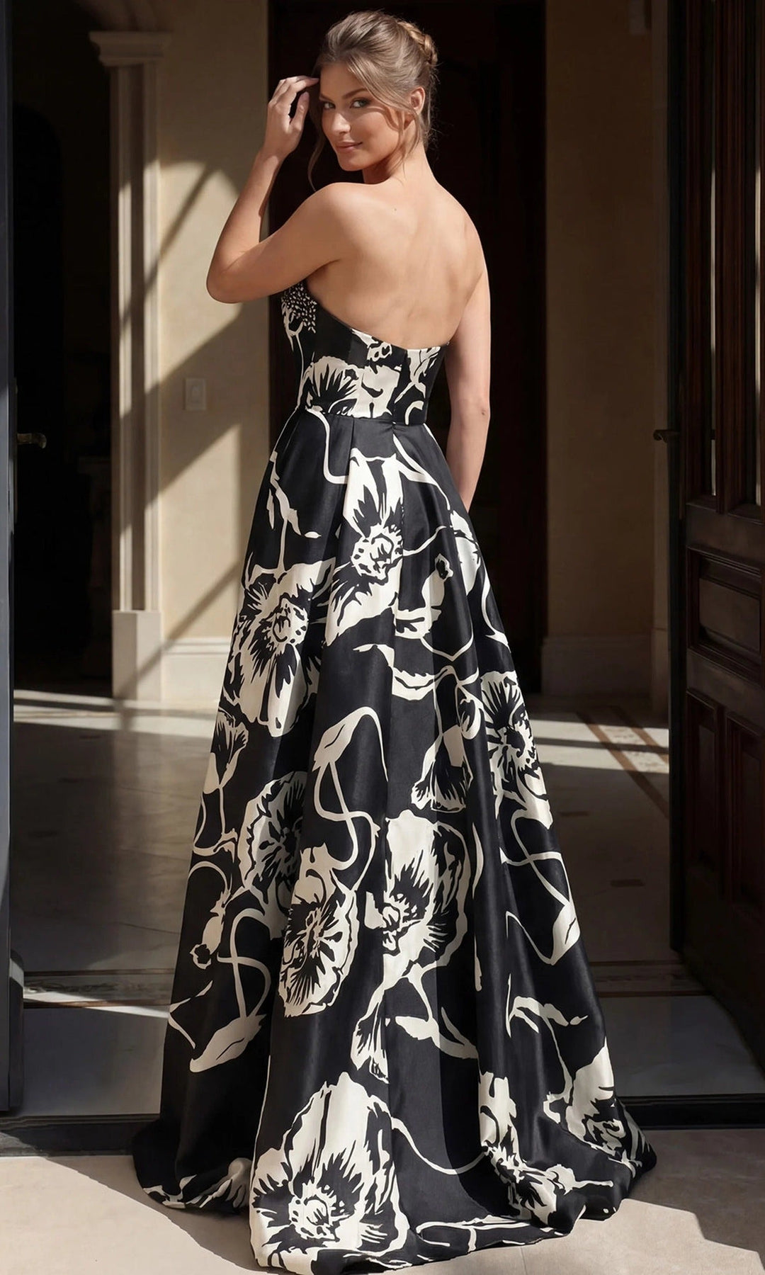 Jovani 52665 - Printed Sweetheart Beaded Trim Gown