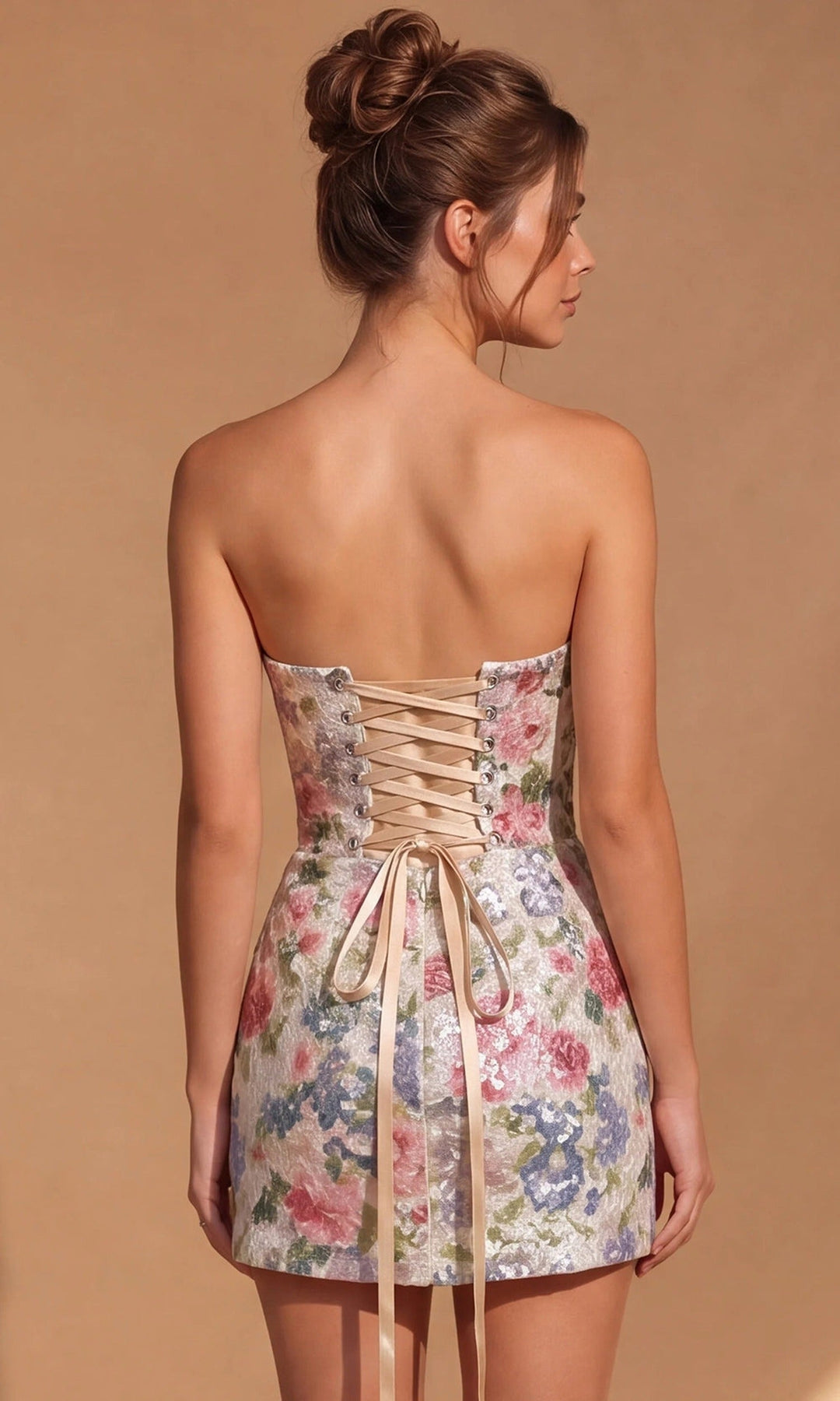 Jovani 53965 - Fitted Lace-Up Back Floral Dress