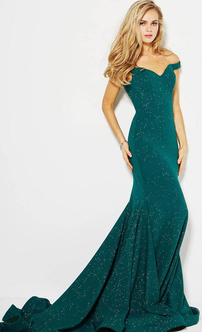 Jovani - 55187 Off-Shoulder Glittered Mermaid Gown Evening Dresses 0 / Hunter