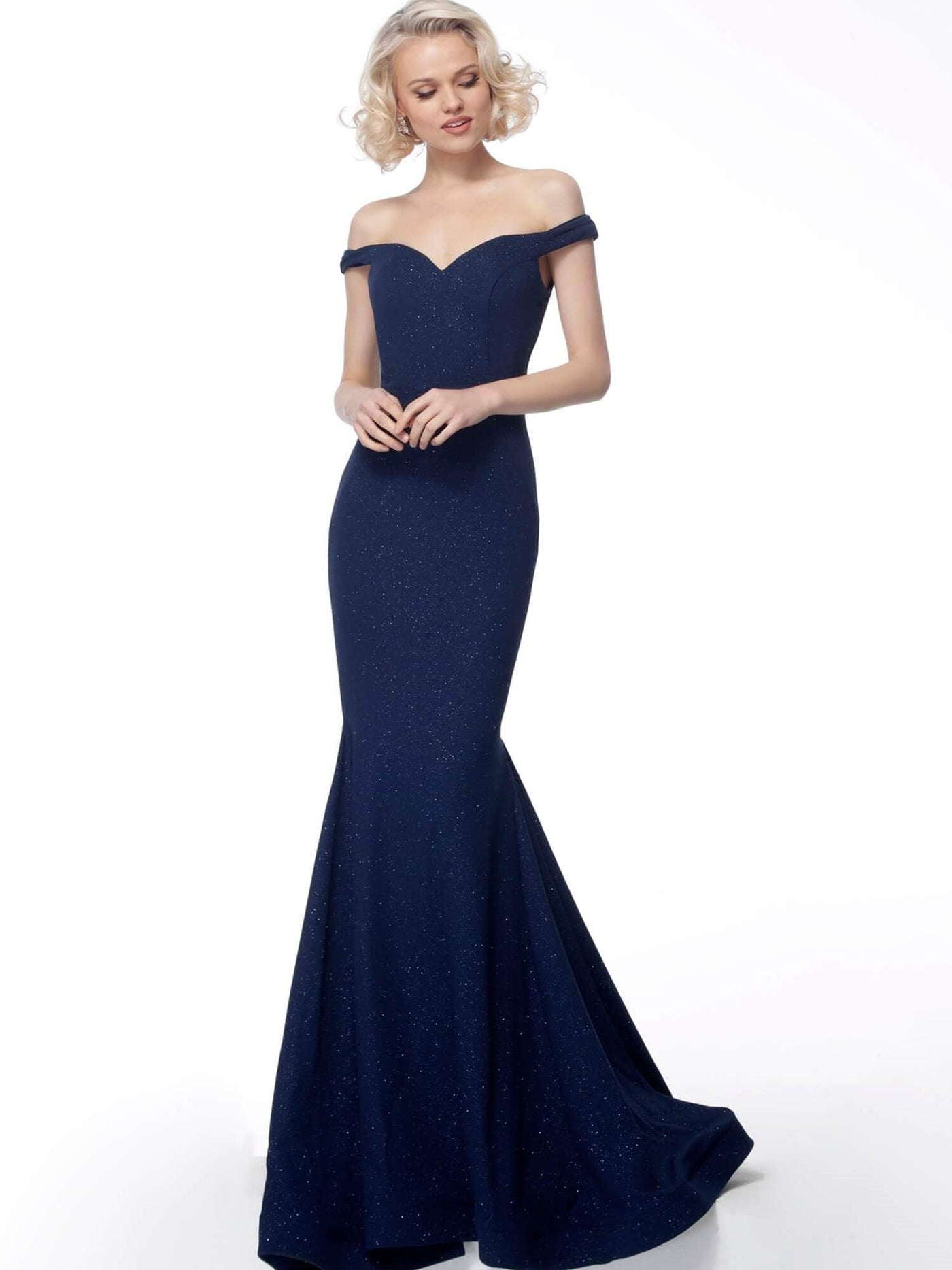 Jovani - 55187 Off-Shoulder Glittered Mermaid Gown Evening Dresses 0 / Navy