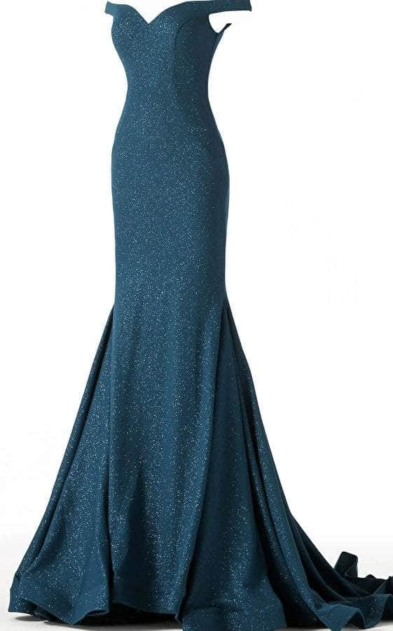 Jovani - 55187 Off-Shoulder Glittered Mermaid Gown Evening Dresses 0 / Peacock