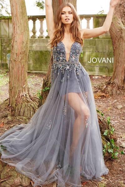 Jovani - 55621 Plunging Neckline Floral Embellished Tulle Dress Special Occasion Dress