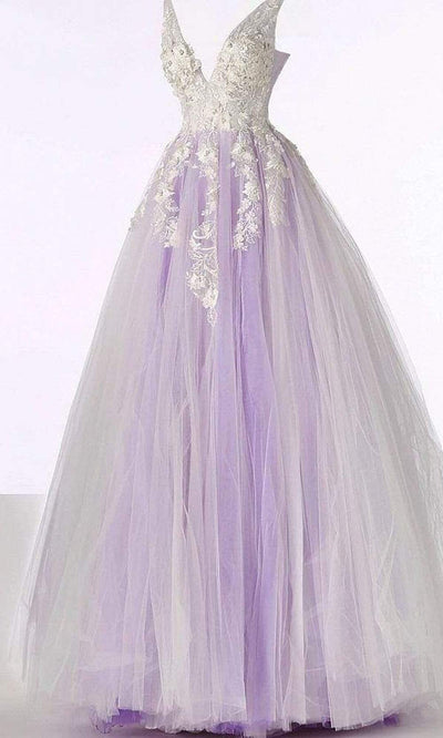 Jovani 55634 Sheer Floral Appliques V-Neck  Ballgown Ball Gowns 16 / Offwhite/ Lilac