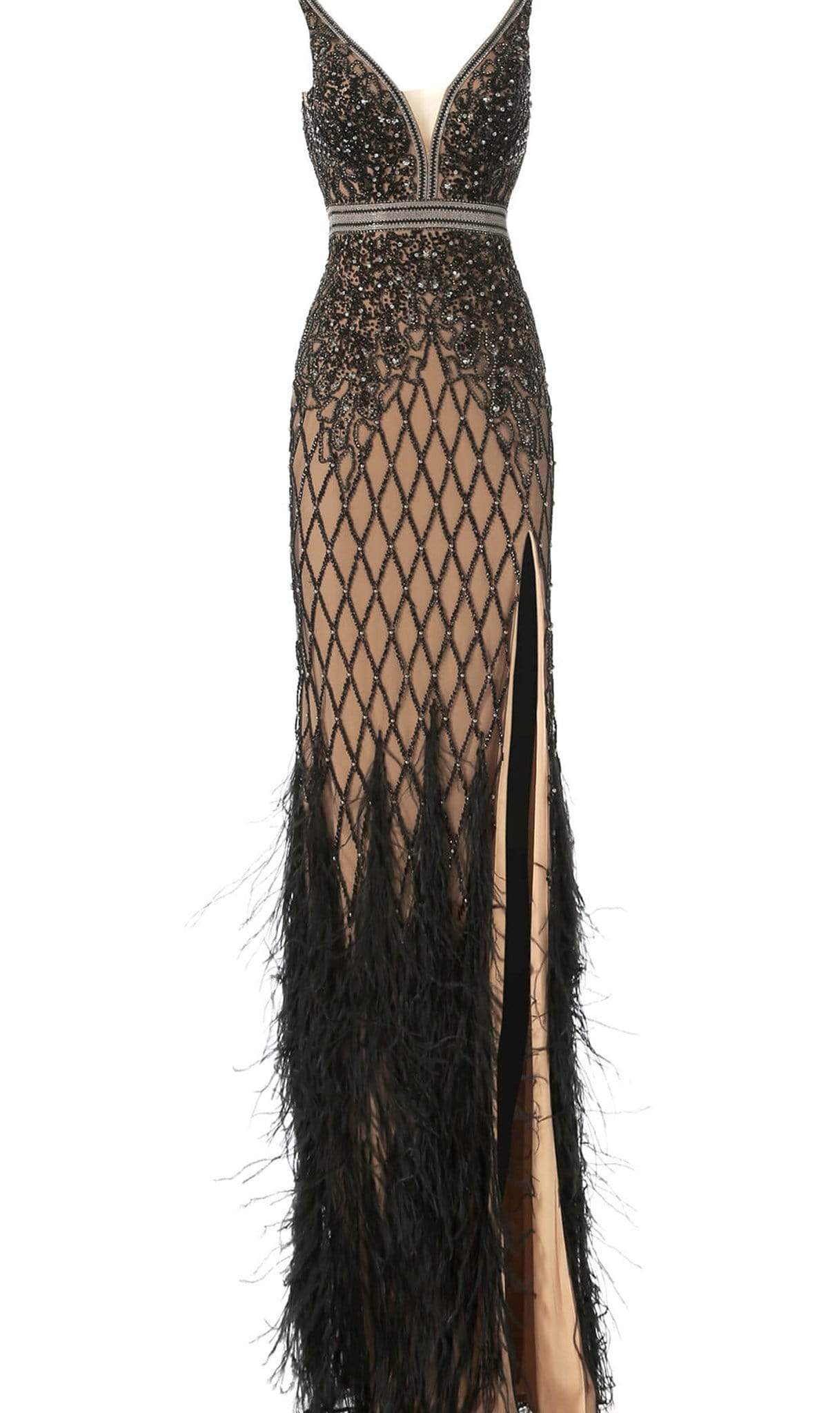 Jovani - 55796 Sleeveless Embellished V-neck Feathered Dress Special Occasion Dress 00 / Black