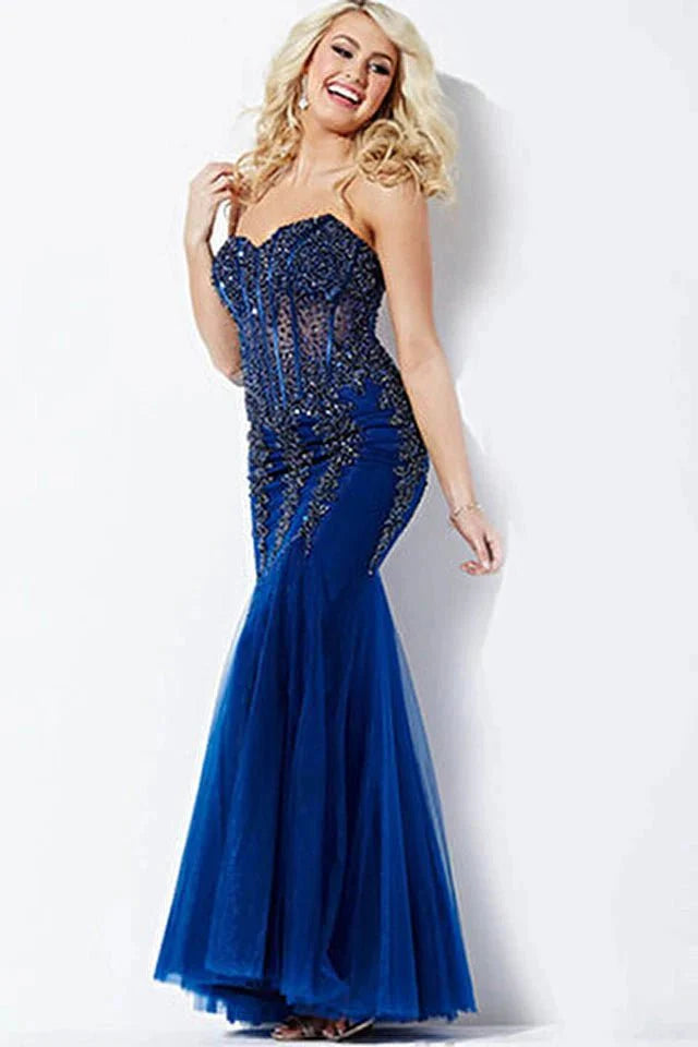 Jovani 5908 Strapless Sweetheart Corset Bodice Junior Prom Mermaid Gown Pageant Dresses 00 / Navy/Navy