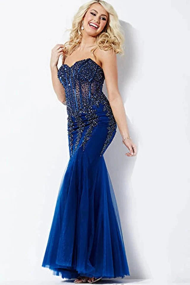 Jovani 5908 Strapless Sweetheart Corset Bodice Junior Prom Mermaid Gown Pageant Dresses 00 / Navy/Navy