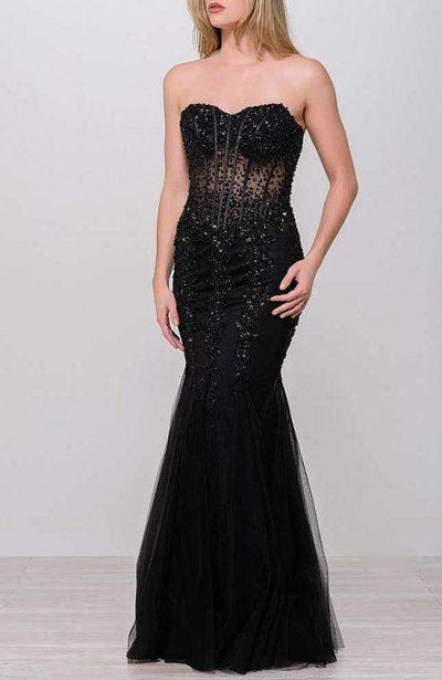 Jovani 5908 Strapless Sweetheart Corset Illusion Bodice Mermaid Gown Pageant Dresses 00 / Black/Black