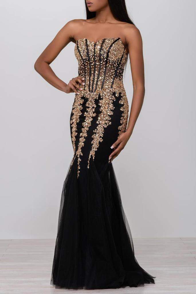 Jovani 5908 Strapless Sweetheart Corset Illusion Bodice Mermaid Gown Pageant Dresses 00 / Black/Gold