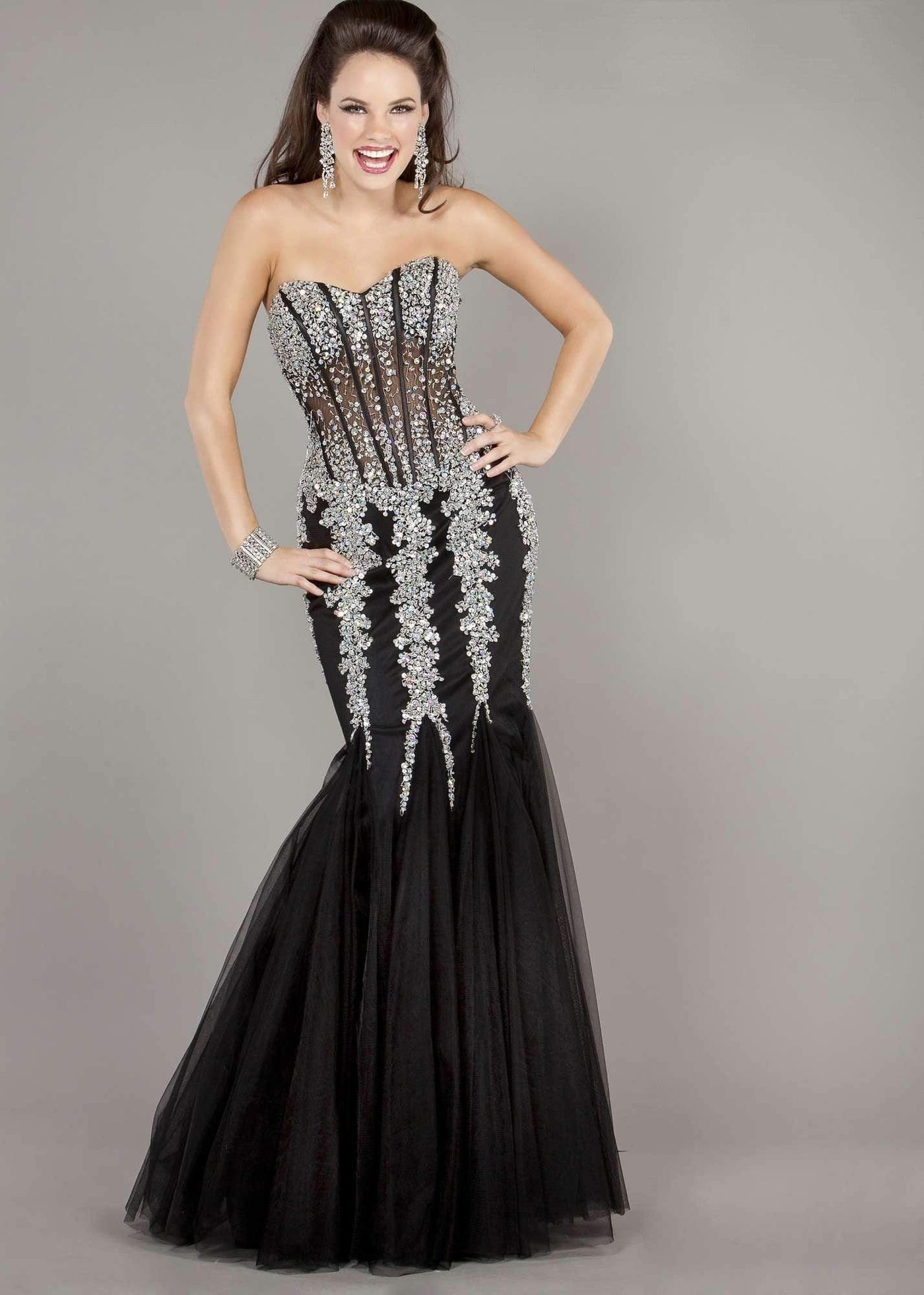 Jovani 5908 Strapless Sweetheart Corset Illusion Bodice Mermaid Gown Pageant Dresses 00 / Black/Silver