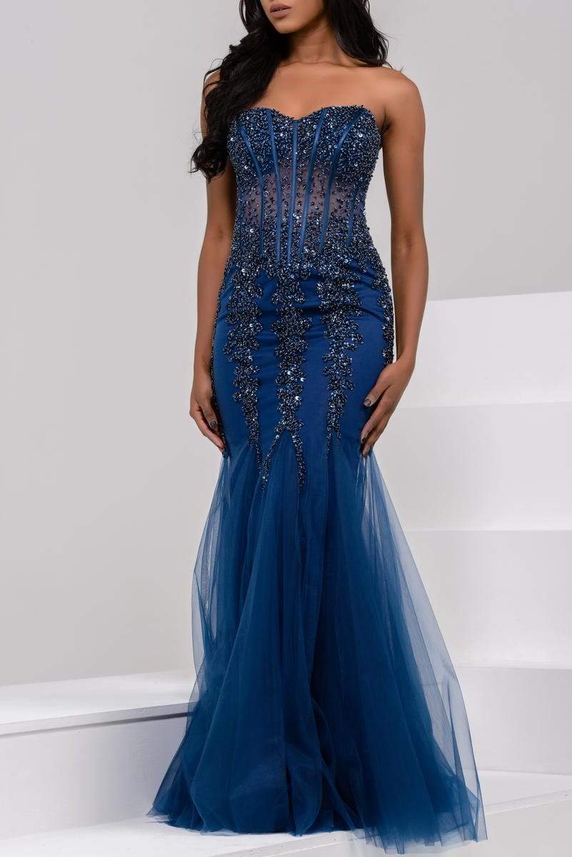 Jovani 5908 Strapless Sweetheart Corset Illusion Bodice Mermaid Gown Pageant Dresses 00 / Blue