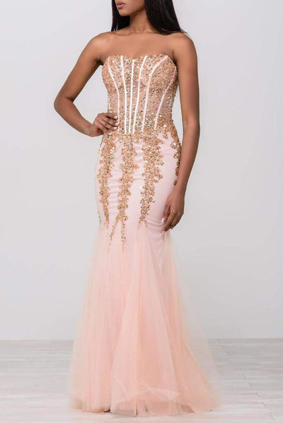 Jovani 5908 Strapless Sweetheart Corset Illusion Bodice Mermaid Gown Pageant Dresses 00 / Blush/Gold