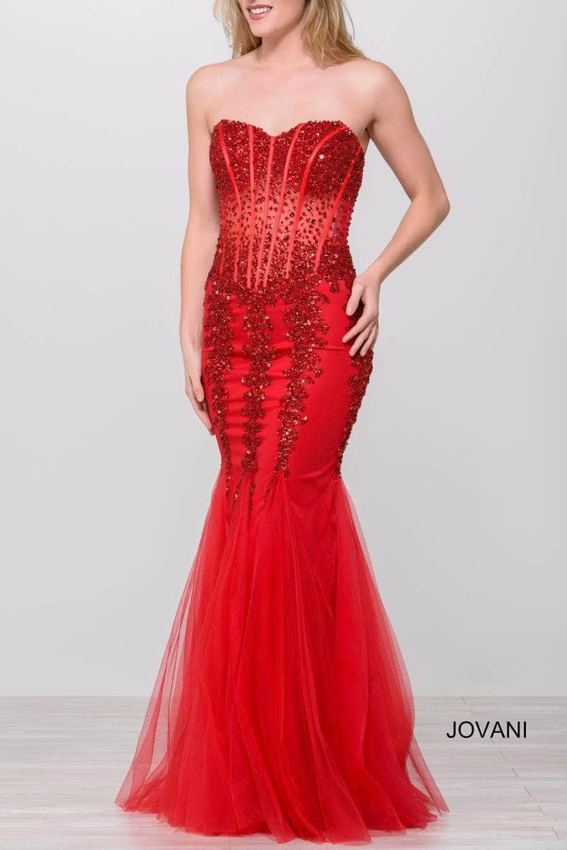 Jovani 5908 Strapless Sweetheart Corset Illusion Bodice Mermaid Gown Pageant Dresses 00 / Red/Red
