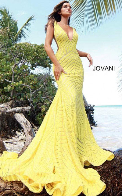 Jovani - 59762 Sexy Fitted Sequined Plunging Gown Special Occasion Dress 00 / Brightyellow