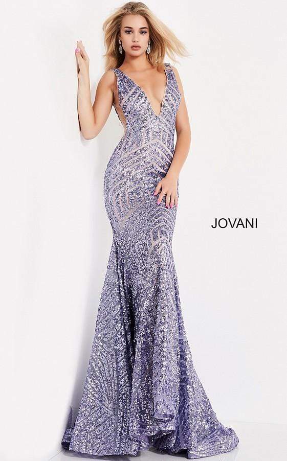 Jovani - 59762 Sexy Fitted Sequined Plunging Gown Special Occasion Dress 00 / Purple
