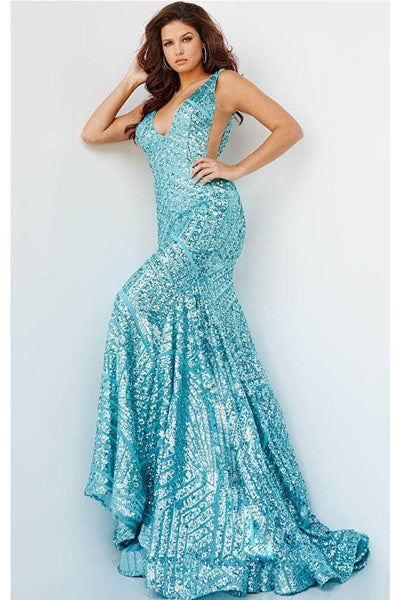 Jovani - 59762 Sexy Fitted Sheer Panel Sequin Evening Gown Prom Dresses 00 / Aqua