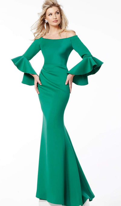 Jovani - 59993 Off Shoulder Bell Sleeve Draping Mermaid Gown Evening Dresses 00 / Green
