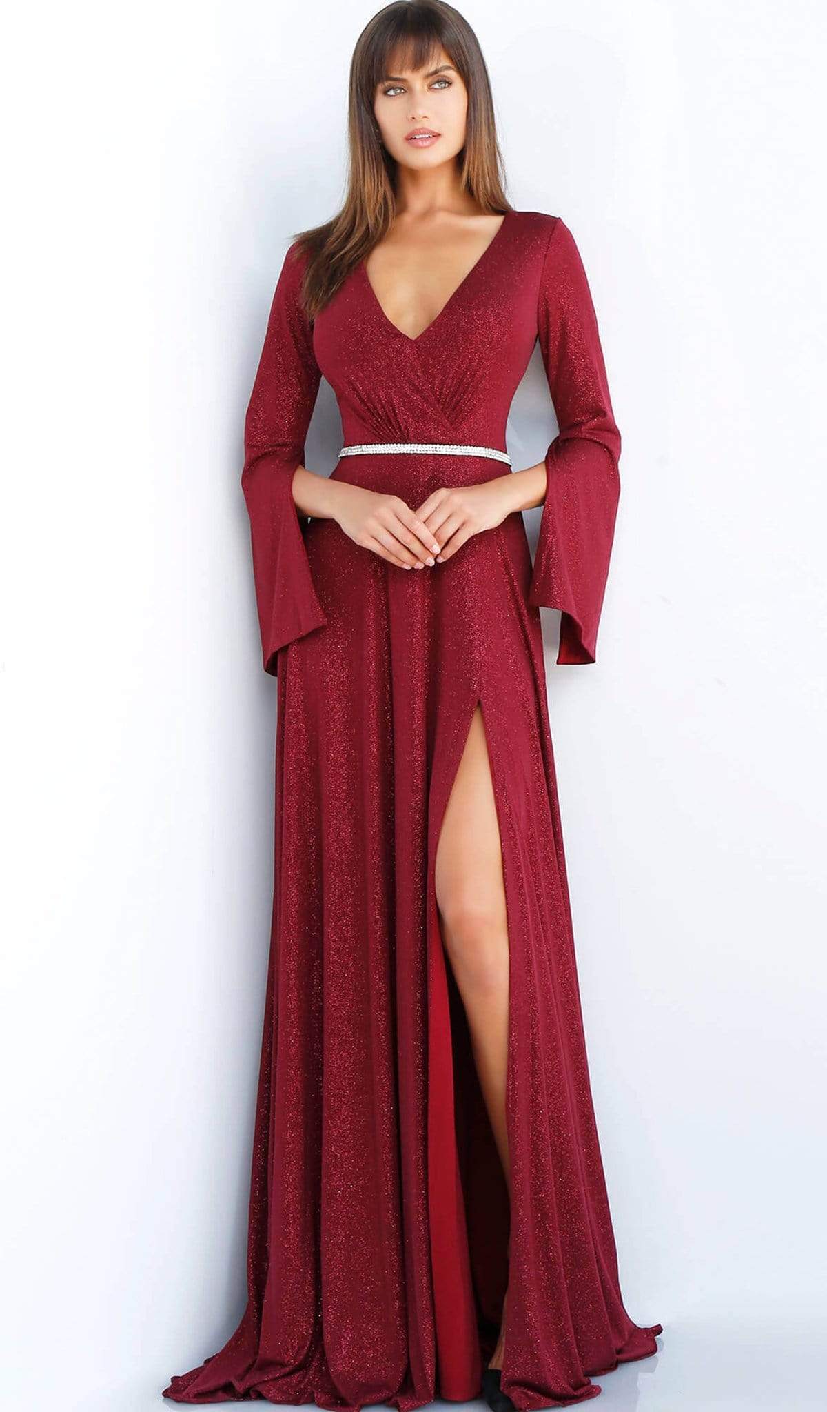 Jovani - 63124 Split Long Sleeve Glitter High Slit Gown Special Occasion Dress 00 / Burgundy