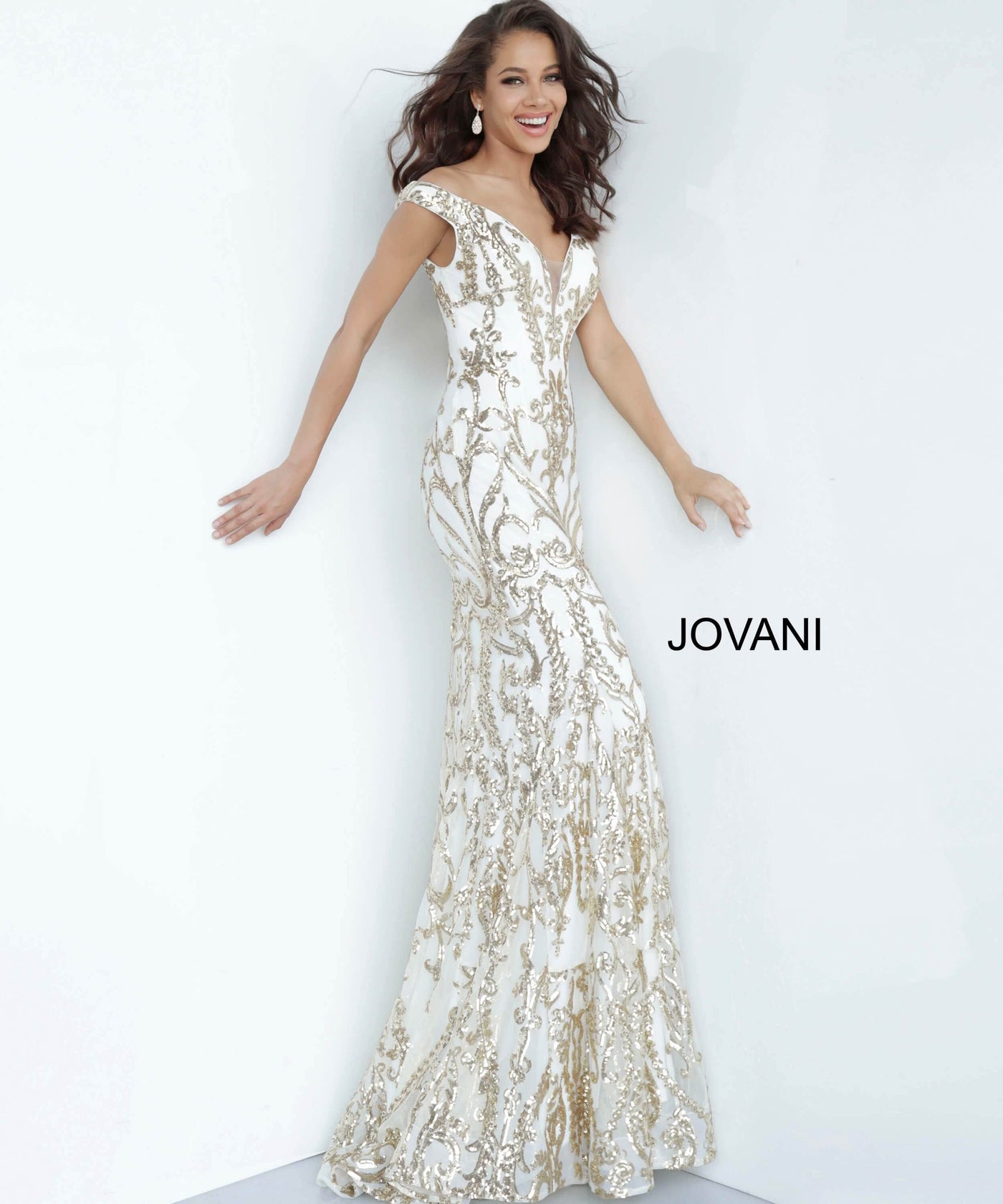 Jovani - 63349 Elaborate Metallic Sequined Off Shoulder Gown Evening Dresses