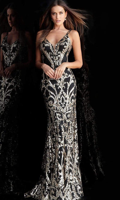 Jovani - 63350 Metallic Sequined Plunging Long Gown Special Occasion Dress 00 / Black/Gold