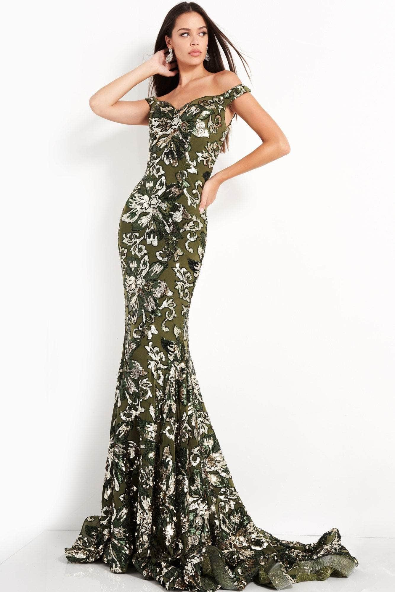 Jovani - 63516 Sequined Off Shoulder Floral Mermaid Gown Evening Dresses 0 / Green/Gold