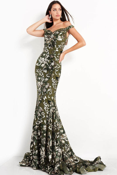 Jovani - 63516 Sequined Off Shoulder Floral Mermaid Gown Evening Dresses 0 / Green/Gold