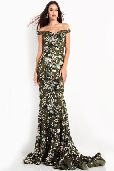 Jovani - 63516 Sequined Off Shoulder Floral Mermaid Gown Evening Dresses