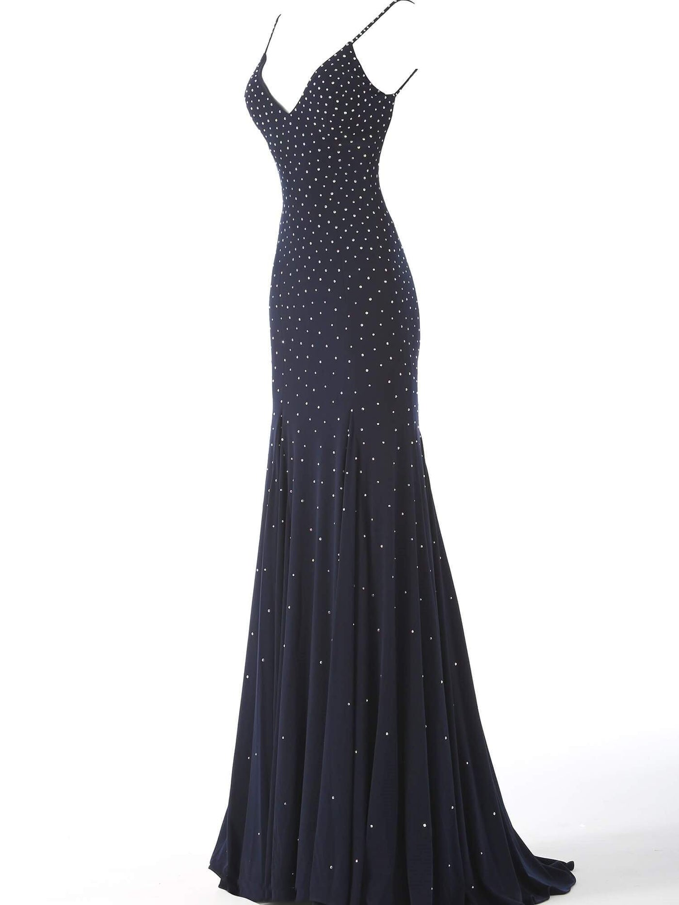 Jovani - 63563 Studded Backless Jersey Trumpet Gown Special Occasion Dress 00 / Navy
