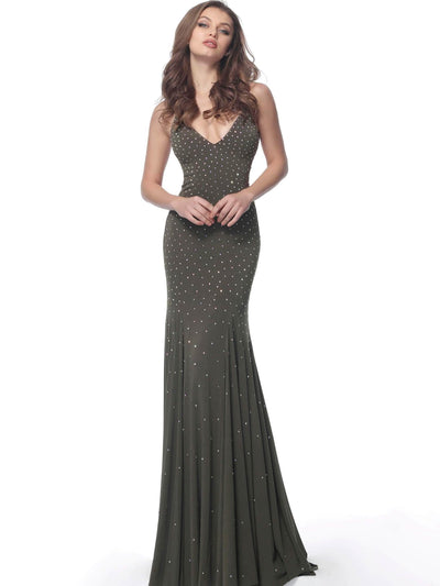 Jovani - 63563 Studded Backless Jersey Trumpet Gown Special Occasion Dress 00 / Olive