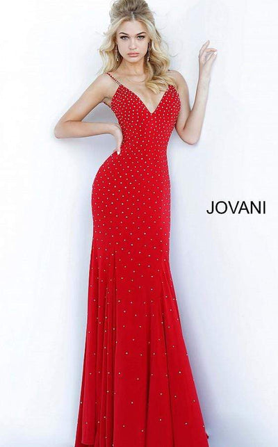 Jovani - 63563 Studded Backless Jersey Trumpet Gown Prom Dresses 00 / Red