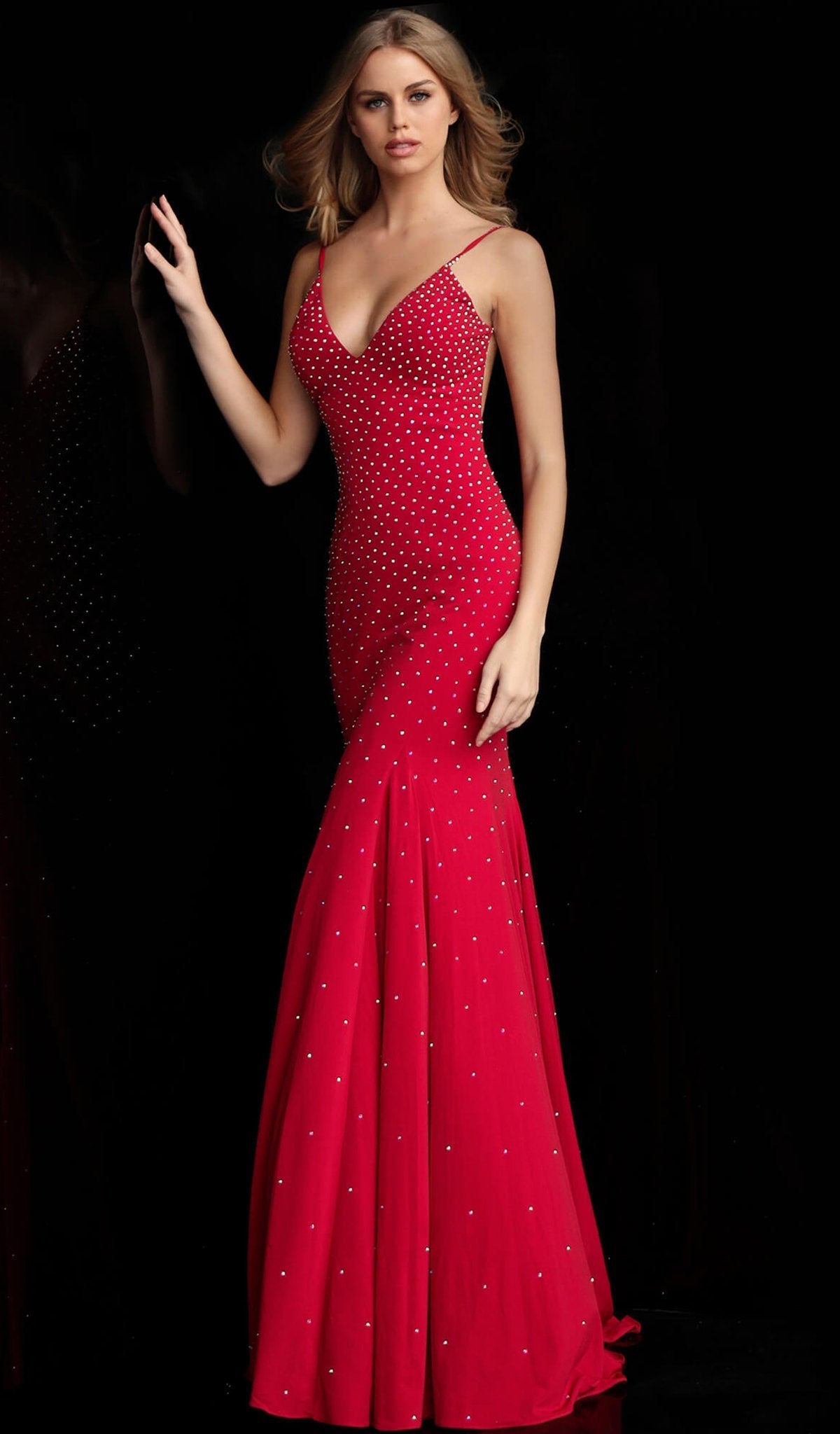 Jovani - 63563 Studded Backless Jersey Trumpet Gown Special Occasion Dress 00 / Red