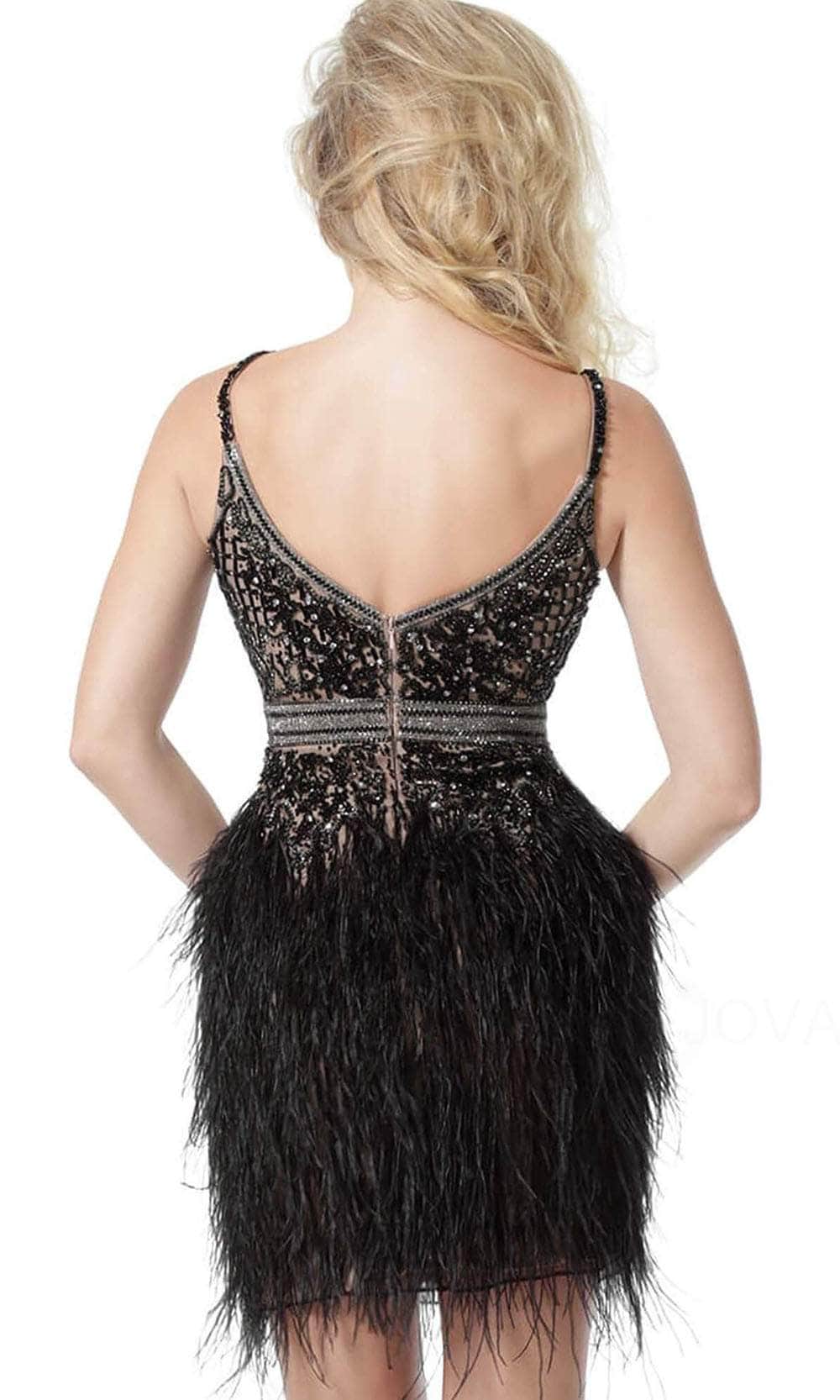 Jovani 64266 - V-Neck Feathered Sheath Cocktail Dress Special Occasion Dress