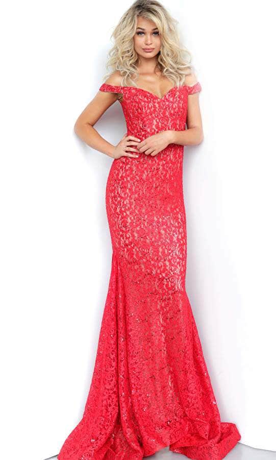Jovani 64521 Lace Off-Shoulder Mermaid Dress With Train Evening Dresses 00 / Red