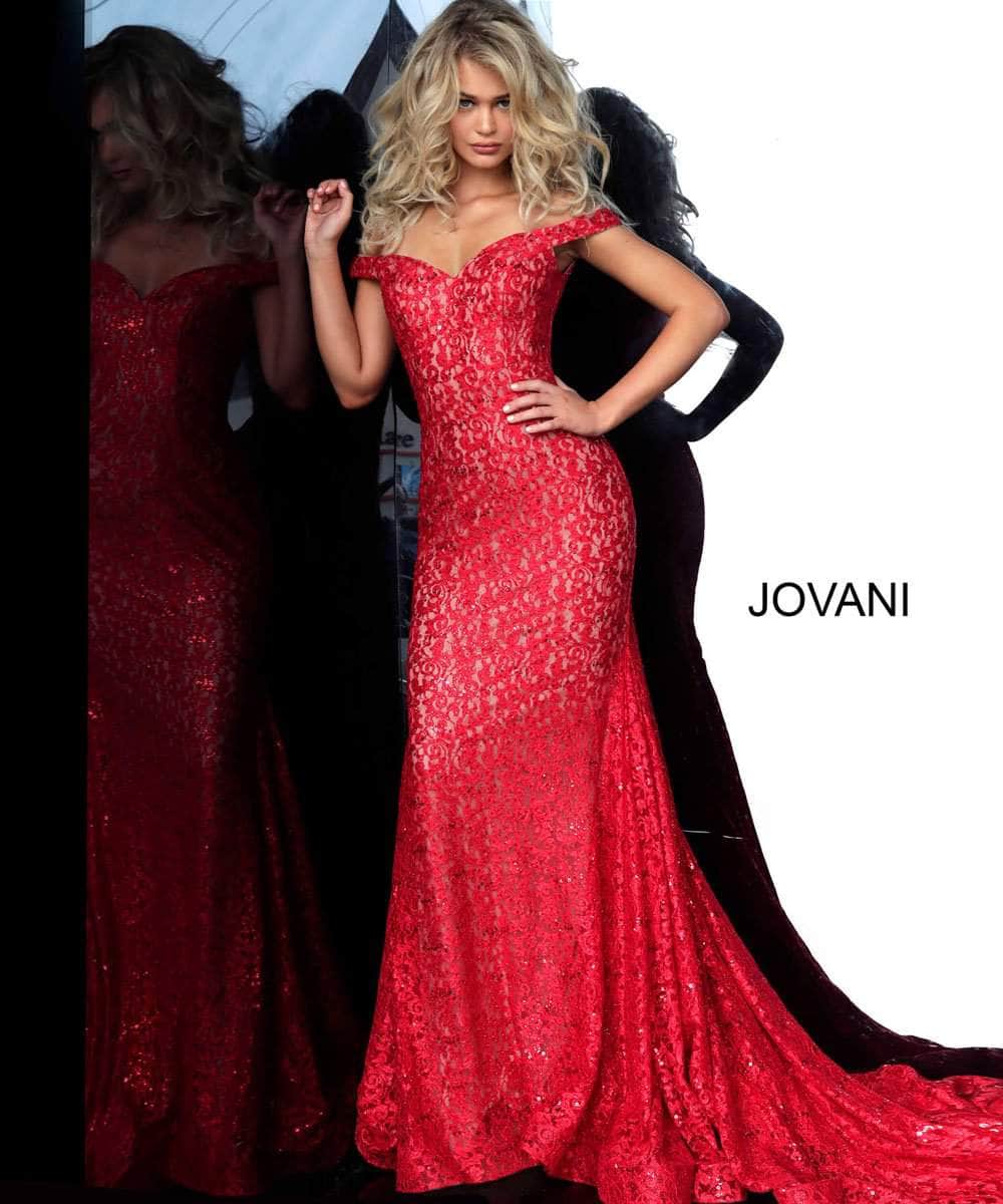 Jovani 64521 Lace Off-Shoulder Mermaid Dress With Train Evening Dresses