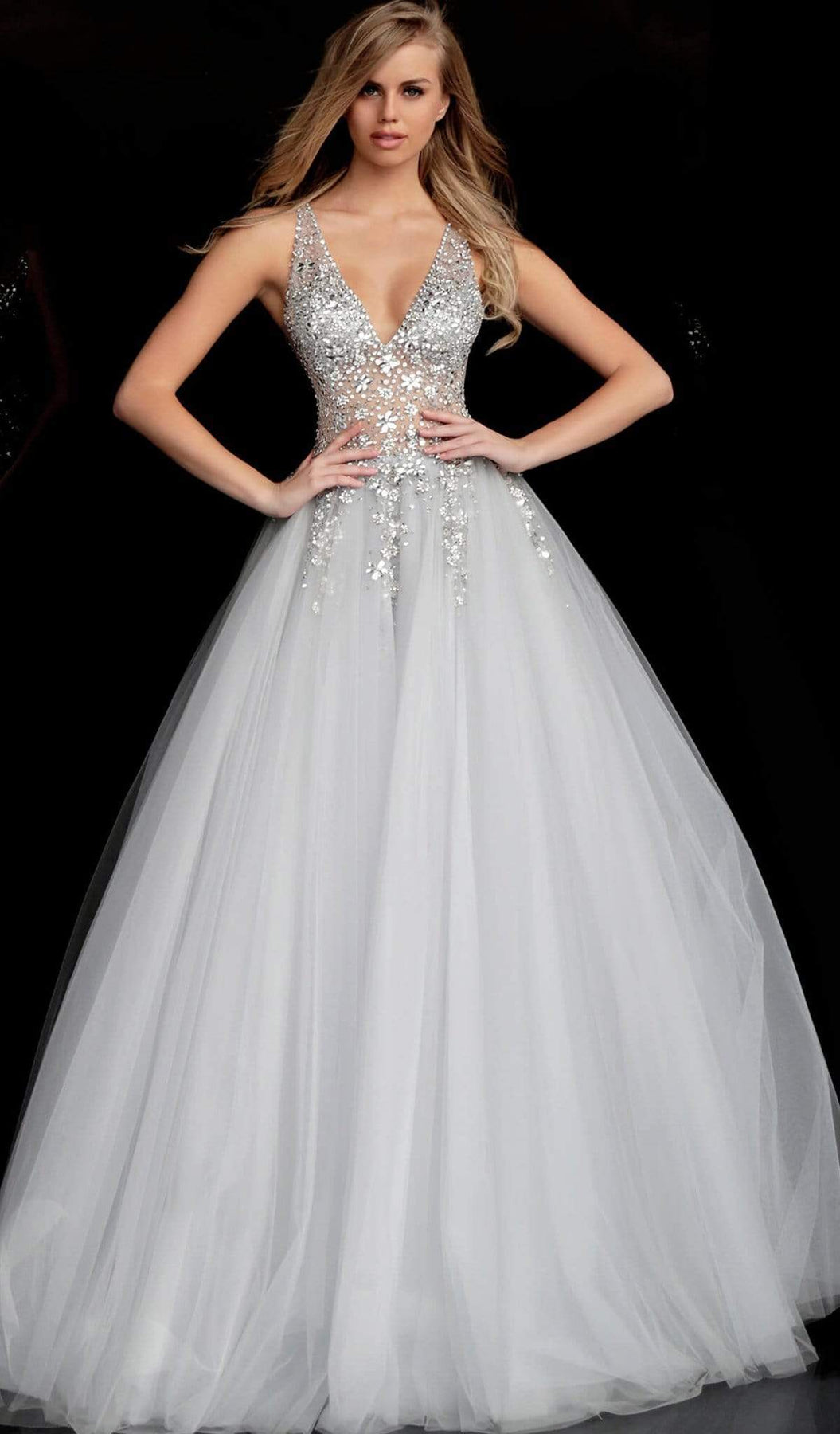 Jovani - 65379 Crystal Embellished Plunging V-neck Ballgown Ball Gowns 00 / Grey