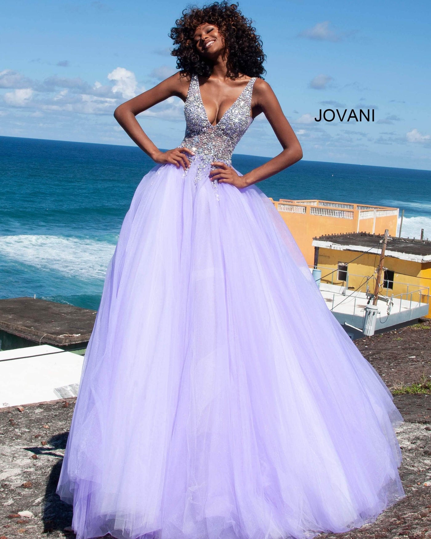 Jovani - 65379 Crystal Embellished Plunging V-neck Ballgown Ball Gowns 00 / Lilac