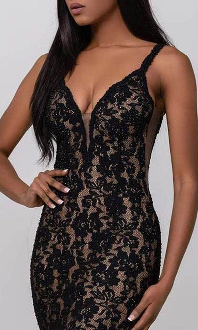 Jovani - 65576 Embellished Lace Deep V-neck Sheath Dress Cocktail Dresses