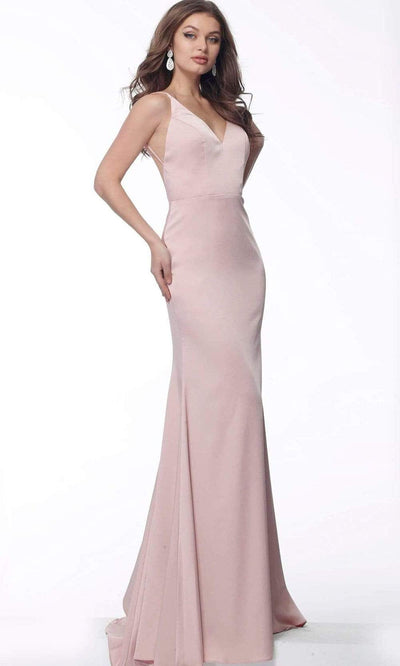 Jovani - 66682 V-Neck Satin Sheath Dress Evening Dresses 00 / Blush