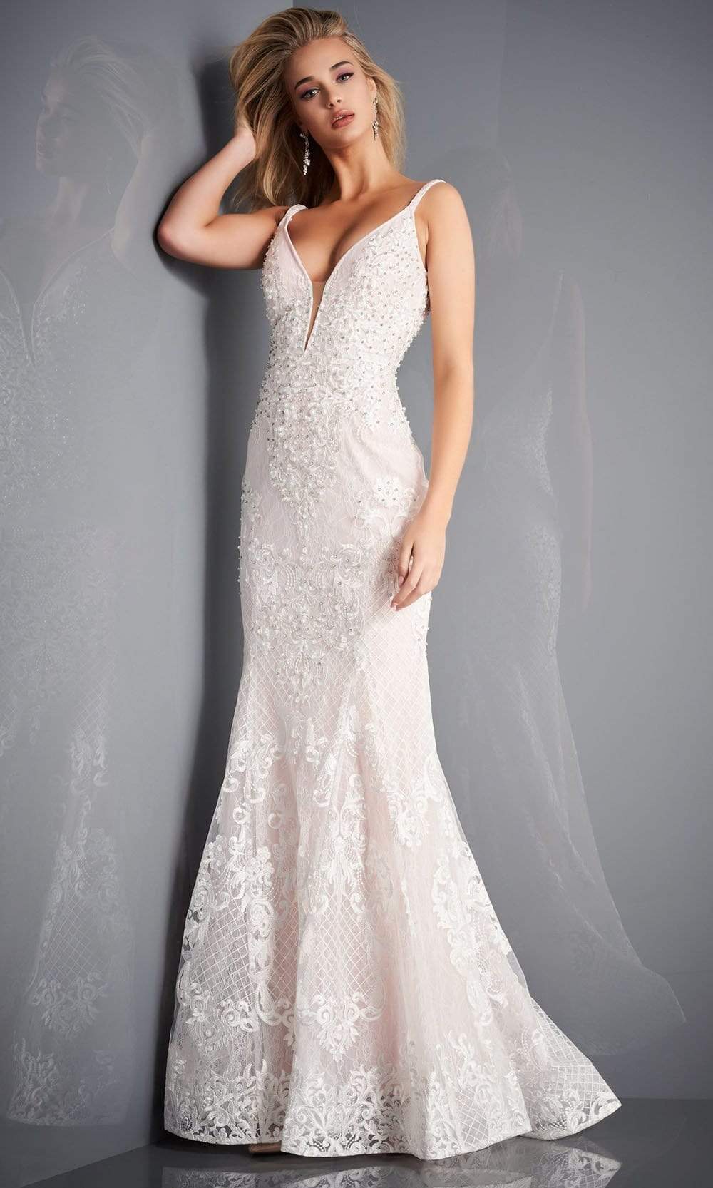 Jovani - 66792 Embroidered Deep V Neck Trumpet Dress Wedding Dresses 00 / Off-White