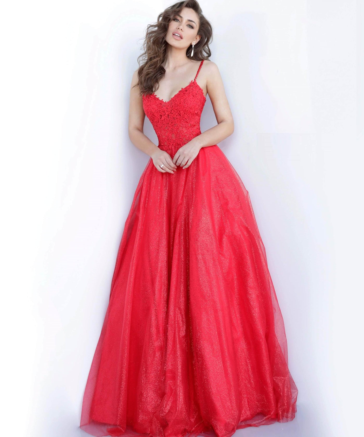 Jovani - 67051 Beaded Lace Bodice Glitter Tulle Ballgown Ball Gowns 00 / Red