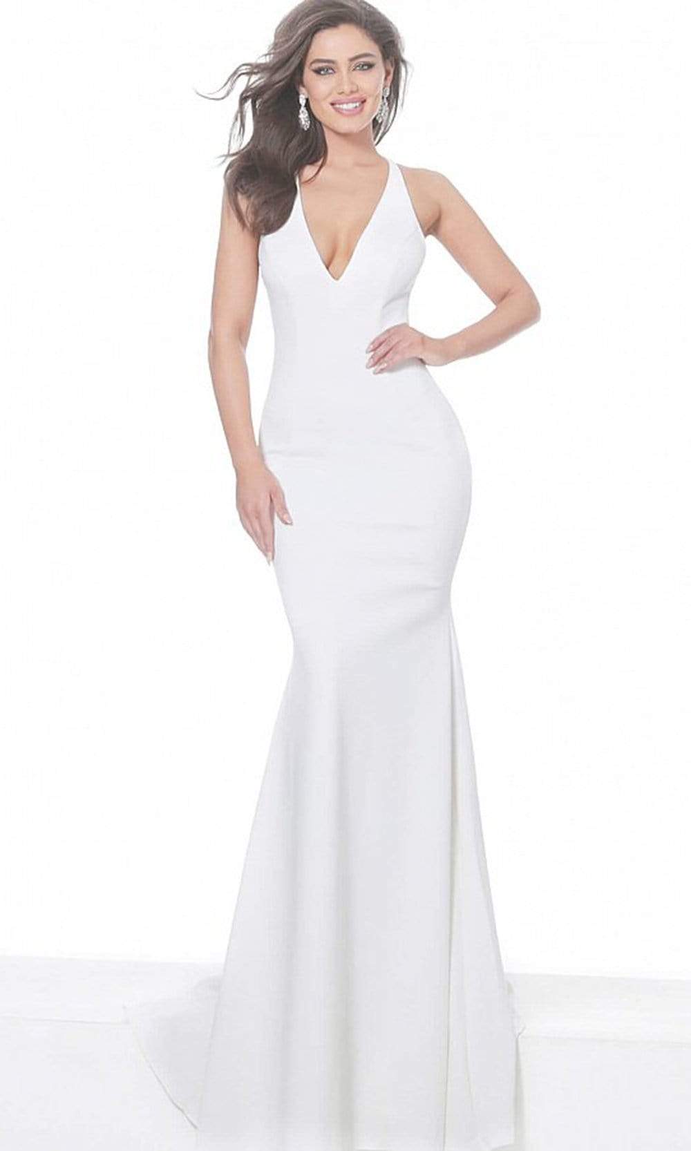 Jovani - 67865 Deep V-Neck Trumpet Dress Evening Dresses 00 / Off-White