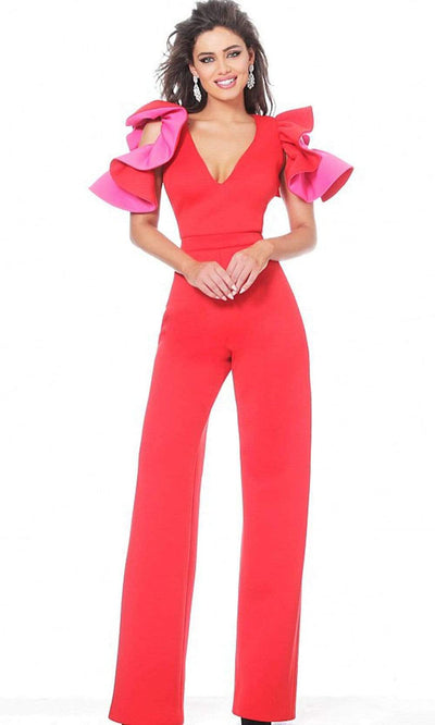 Jovani - 68736 Ruffled Plunging V Neck Jumpsuit Evening Dresses 00 / Red/Fuchsia