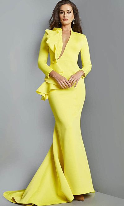 Jovani 7934 - Long Sleeve Ruffle Bodice Evening Gown Prom Dresses 00 / Yellow